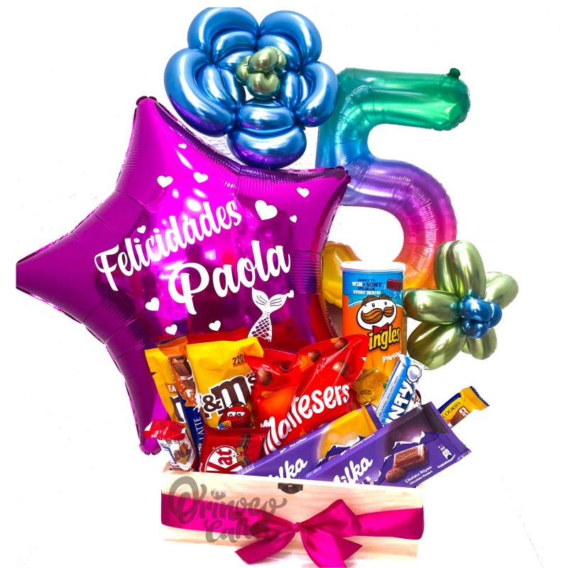 CAJA DE CHOCOLATES CON GLOBO PERSONALIZADO Y NÚMERO