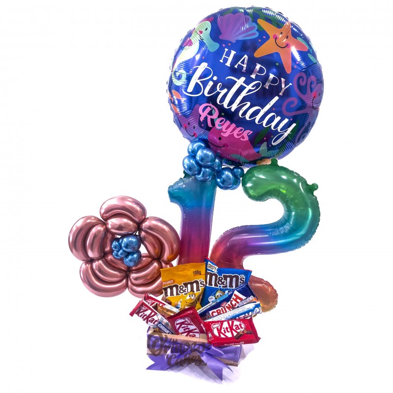 CAJA DE CHOCOLATES CON GLOBO HAPPY BIRTHDAY Y NÚMERO