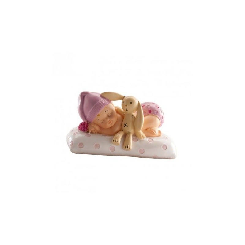 FIGURA PARA TARTA BAUTIZO - BEBE CON PELUCHE ROSA